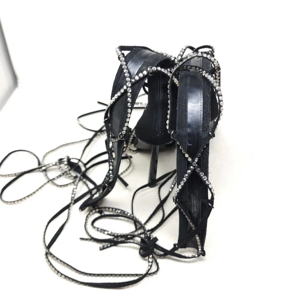 Steve Madden Sandal Heels Justyne Black Glass Rhinestone Tie Up Gladiator 7 - Picture 5 of 10
